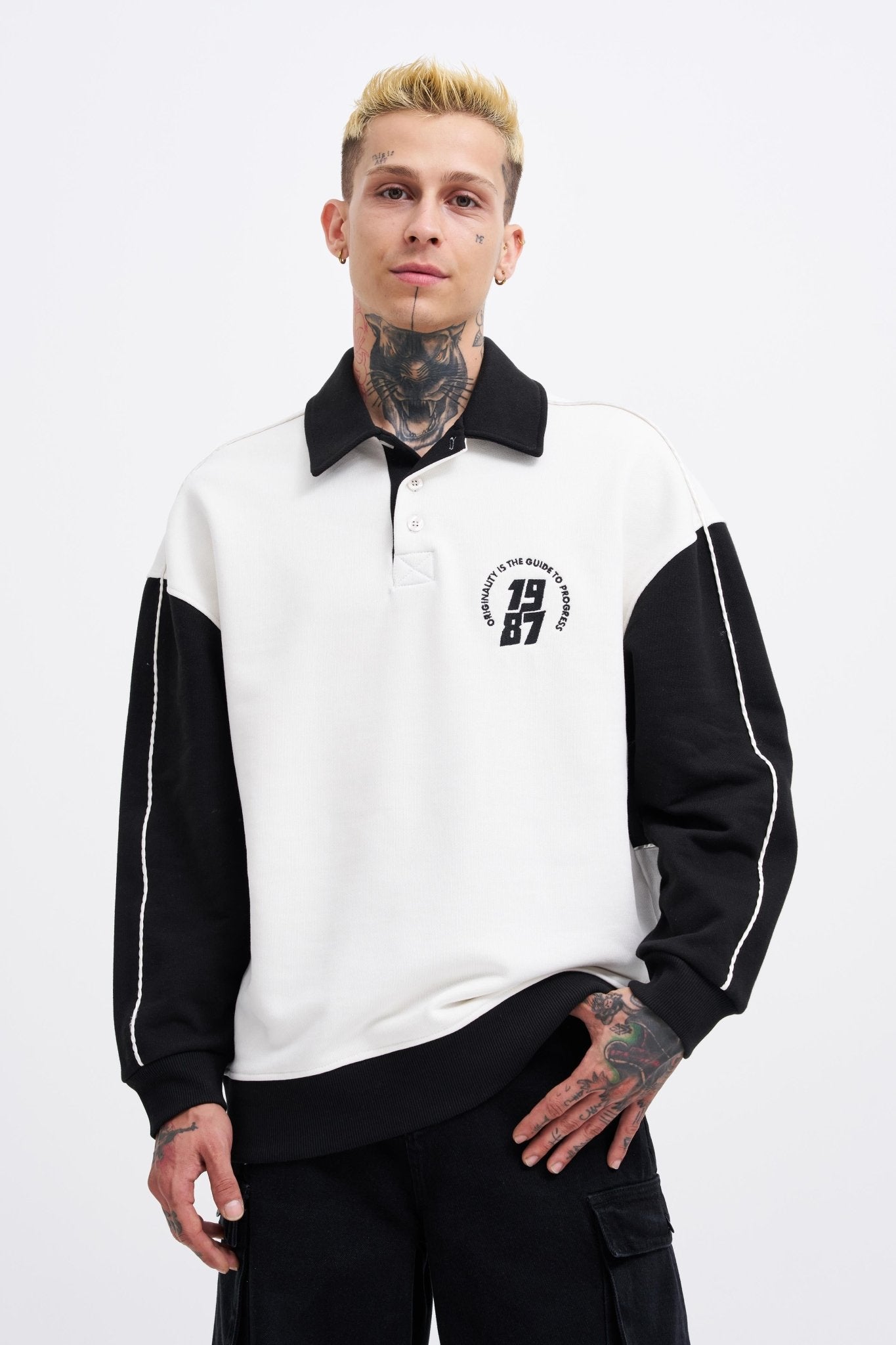 Erkek Contrast and Piped Polo Sweatshirt Ekru - Siyah