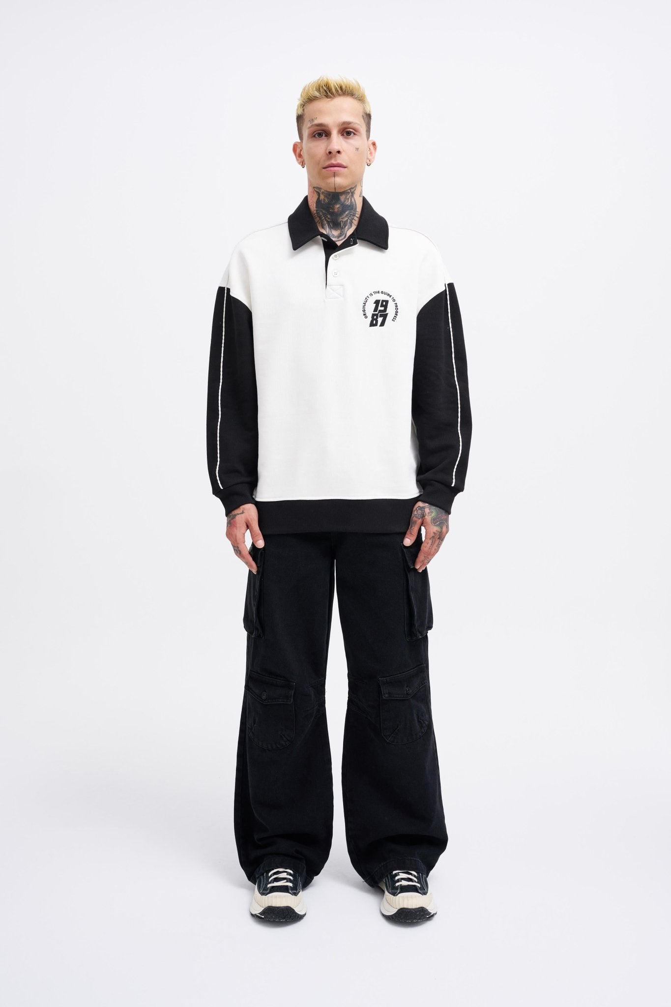 Erkek Contrast and Piped Polo Sweatshirt Ekru - Siyah
