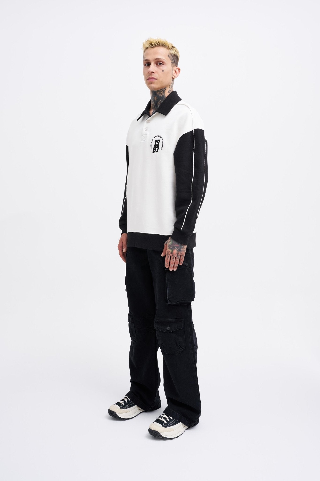 Erkek Contrast and Piped Polo Sweatshirt Ekru - Siyah