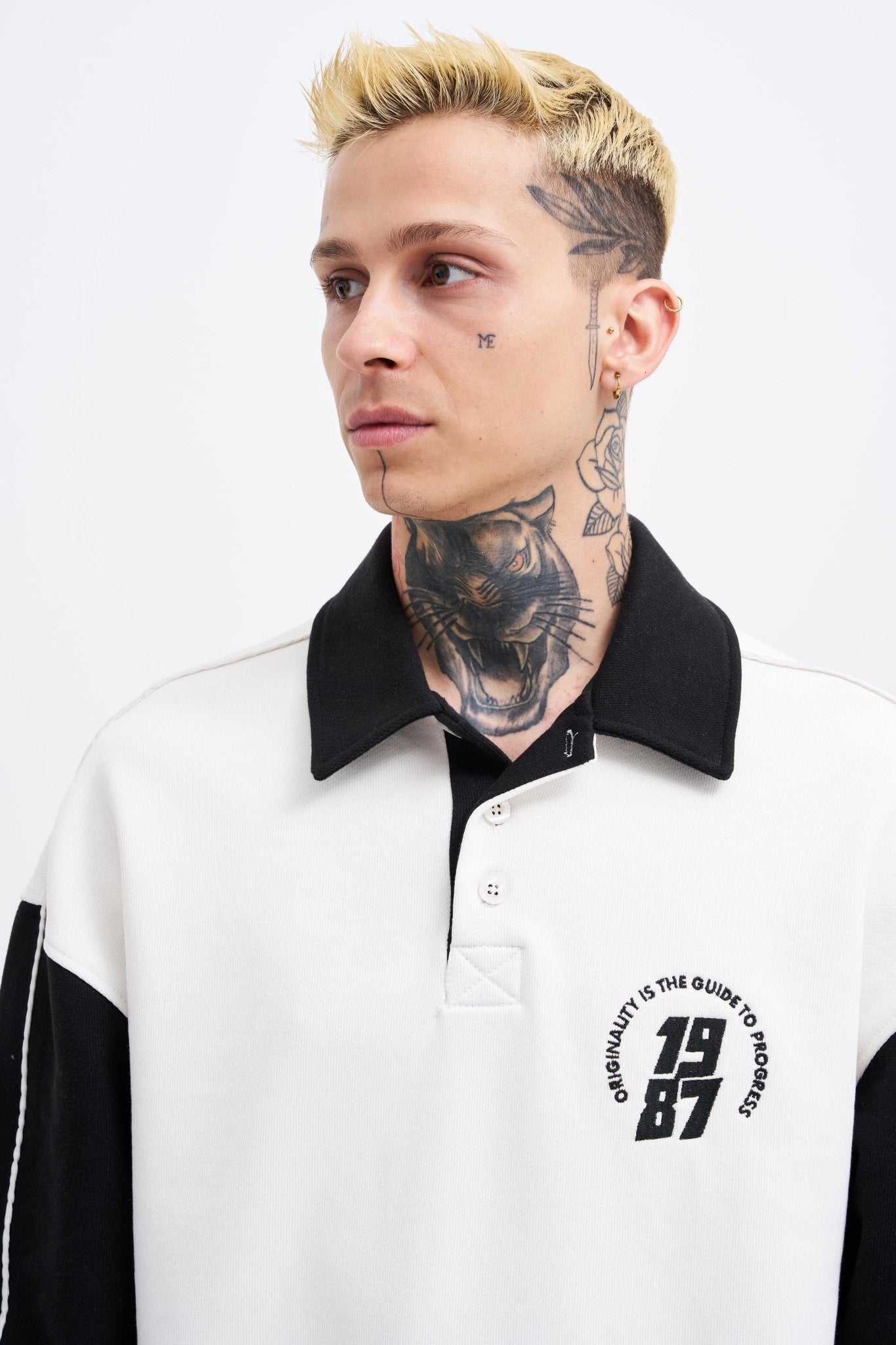 Erkek Contrast and Piped Polo Sweatshirt Ekru - Siyah