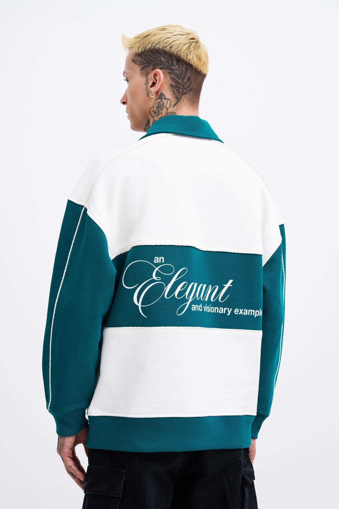 Erkek Contrast and Piped Polo Sweatshirt Ekru - Yağ Yeşili