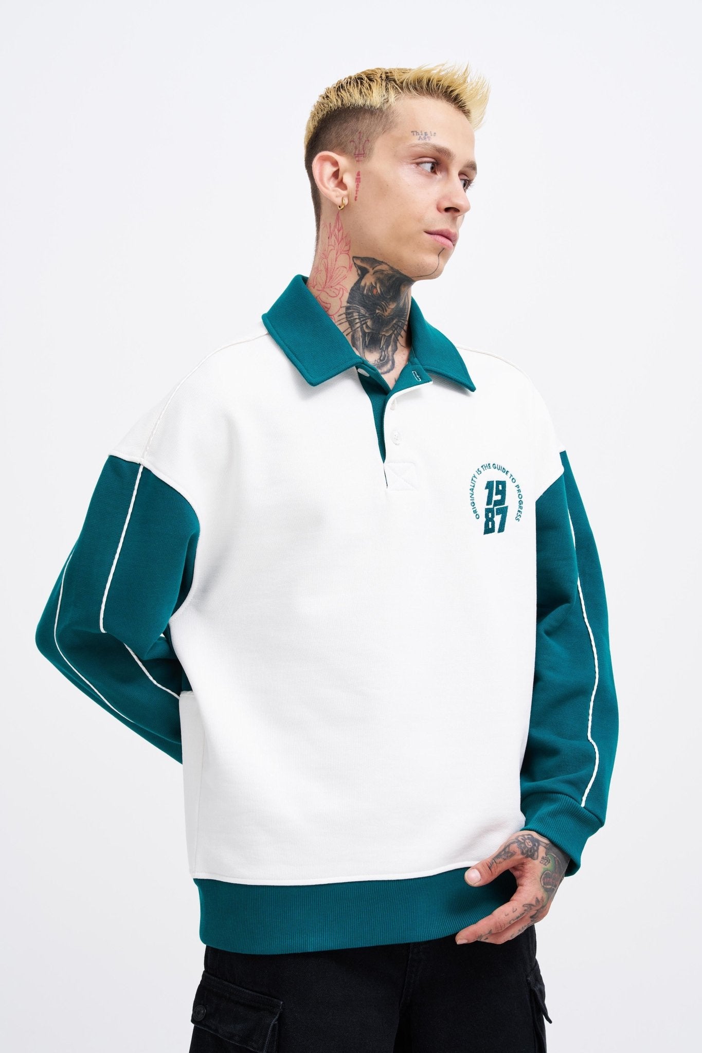 Erkek Contrast and Piped Polo Sweatshirt Ekru - Yağ Yeşili