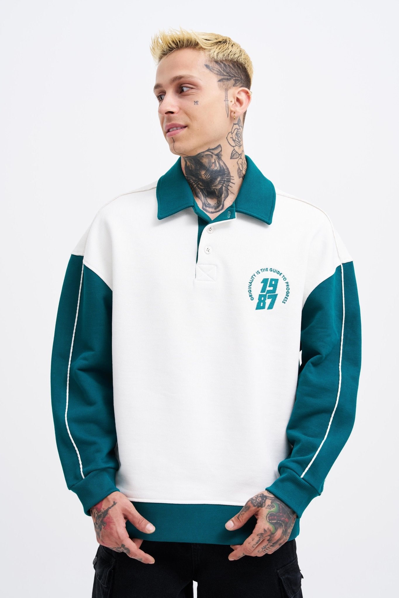 Erkek Contrast and Piped Polo Sweatshirt Ekru - Yağ Yeşili