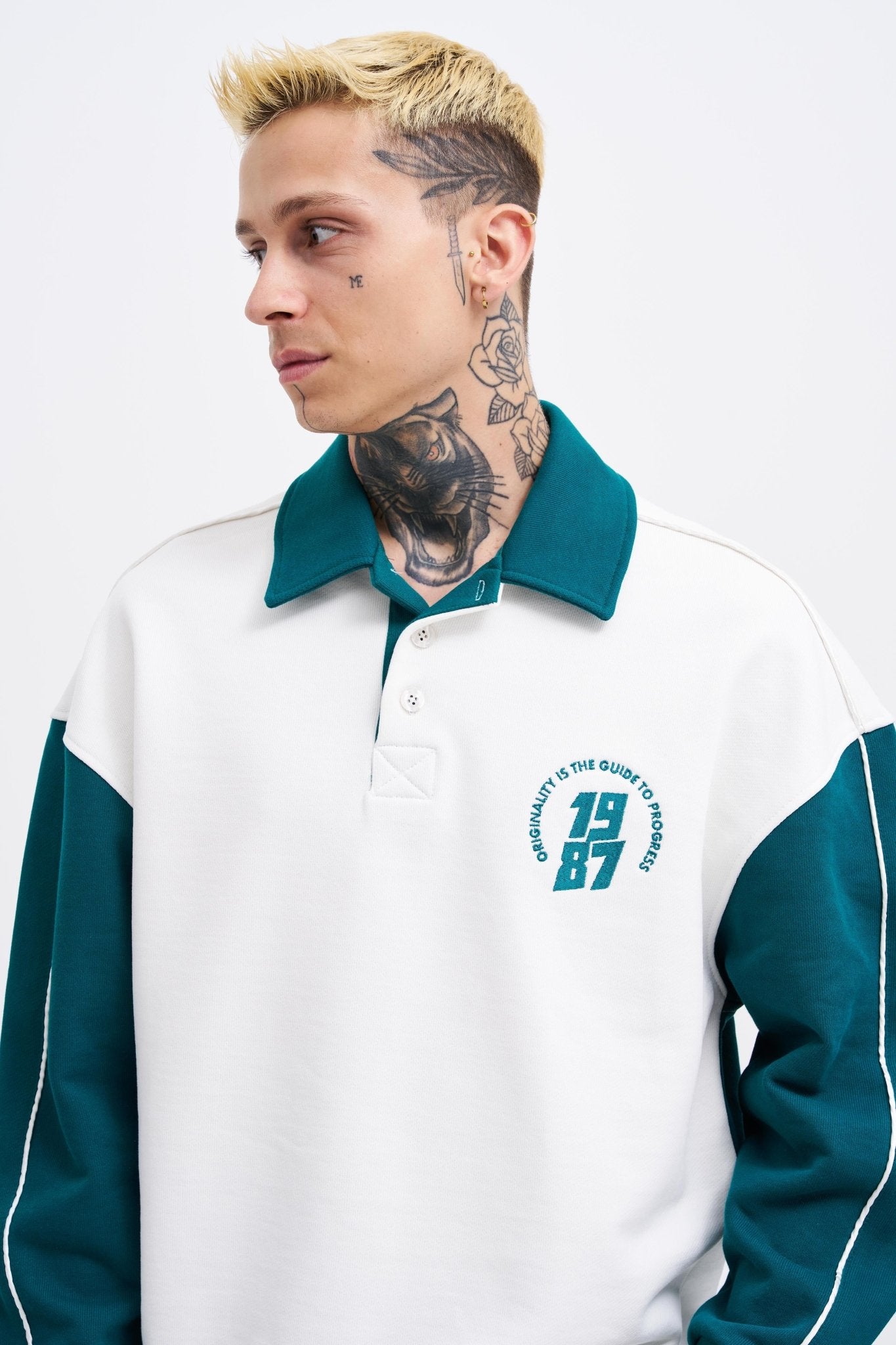Erkek Contrast and Piped Polo Sweatshirt Ekru - Yağ Yeşili