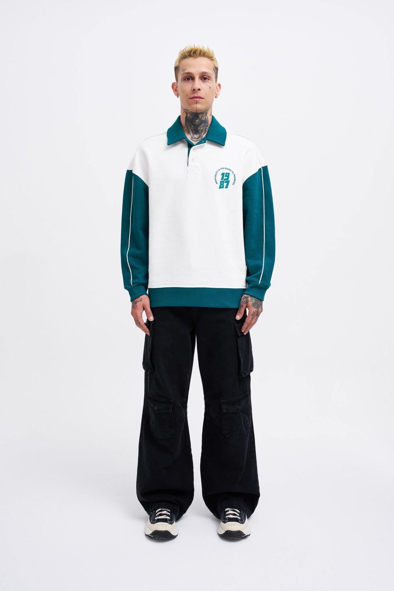 Erkek Contrast and Piped Polo Sweatshirt Ekru - Yağ Yeşili