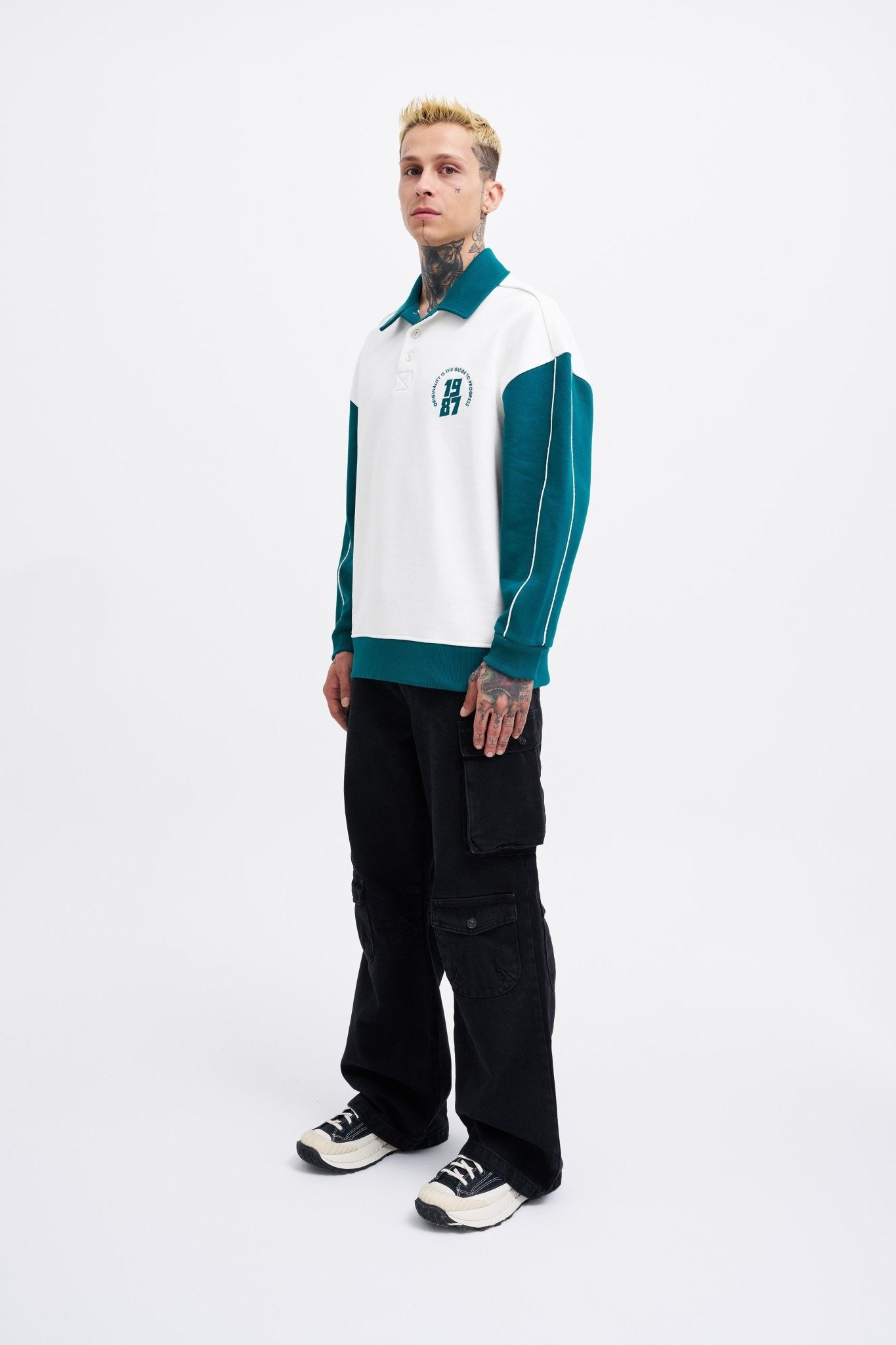 Erkek Contrast and Piped Polo Sweatshirt Ekru - Yağ Yeşili