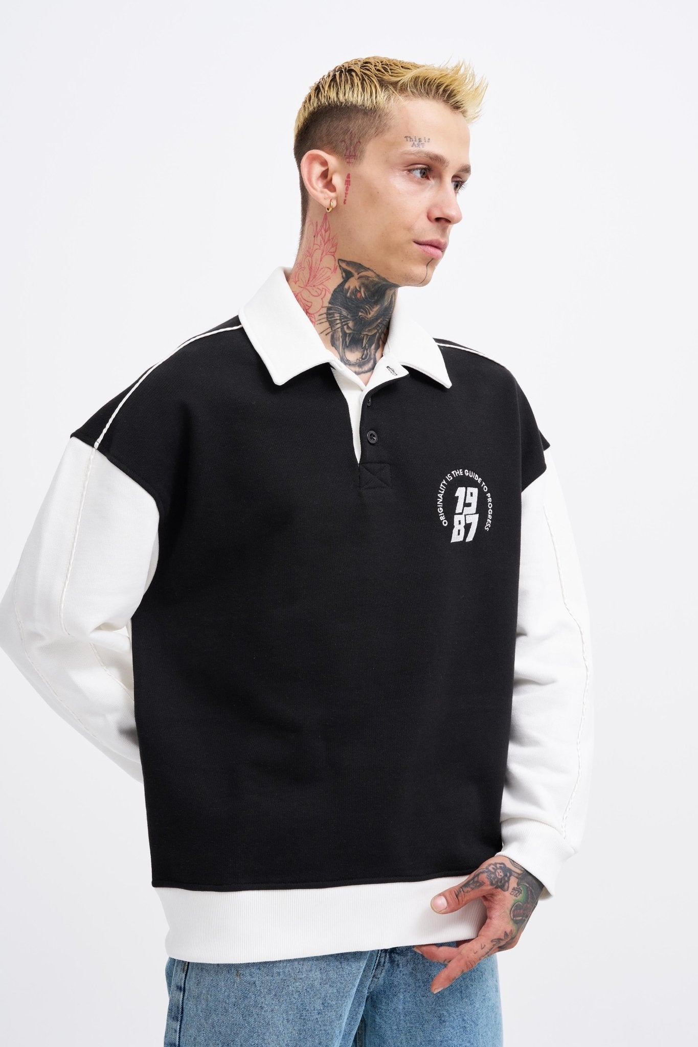 Erkek Contrast and Piped Polo Sweatshirt Siyah - Ekru