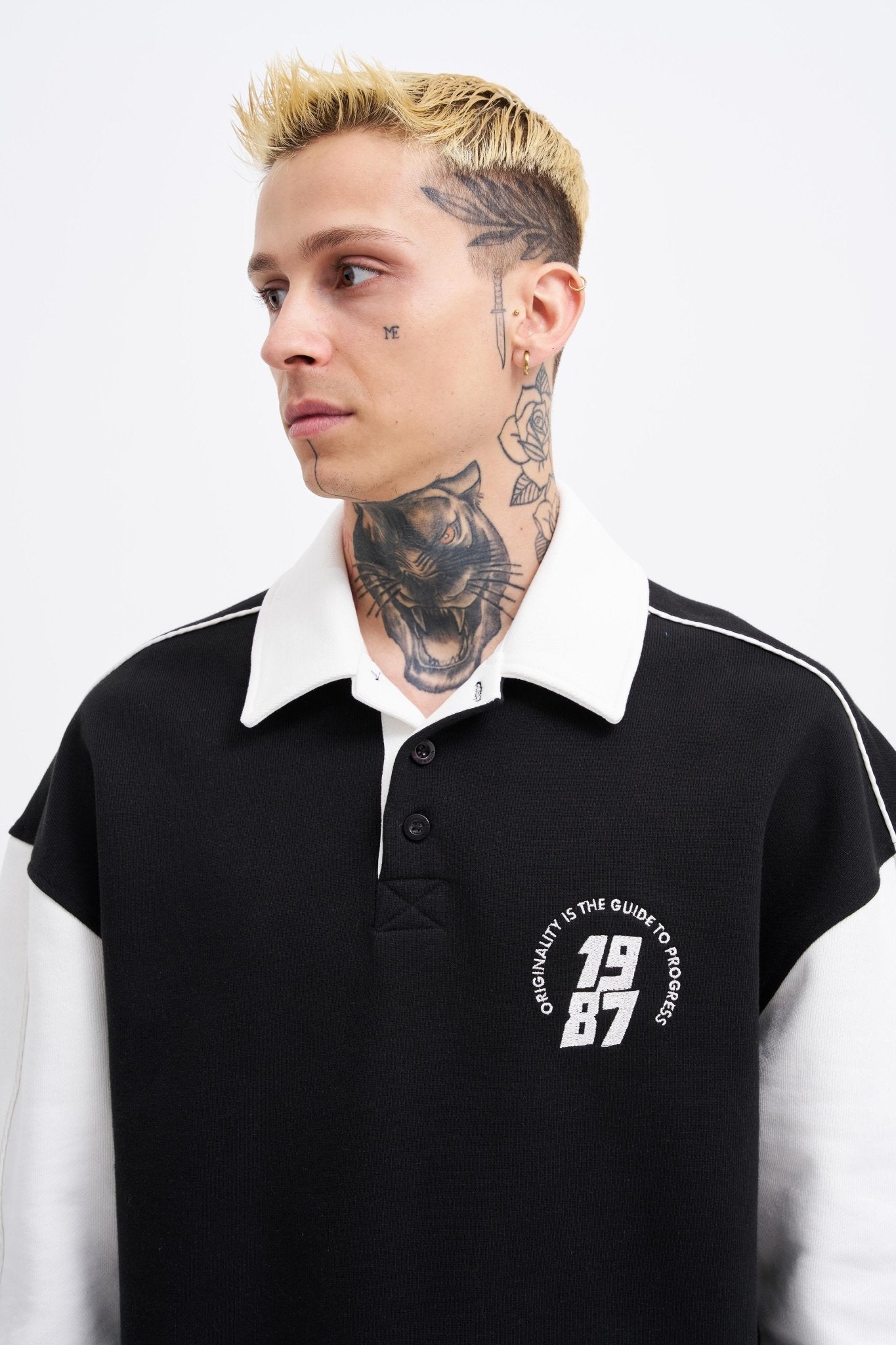 Erkek Contrast and Piped Polo Sweatshirt Siyah - Ekru