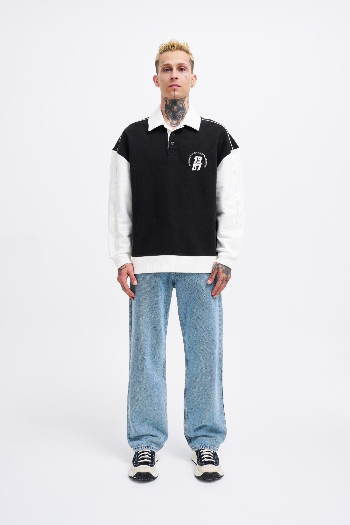 Erkek Contrast and Piped Polo Sweatshirt Siyah - Ekru