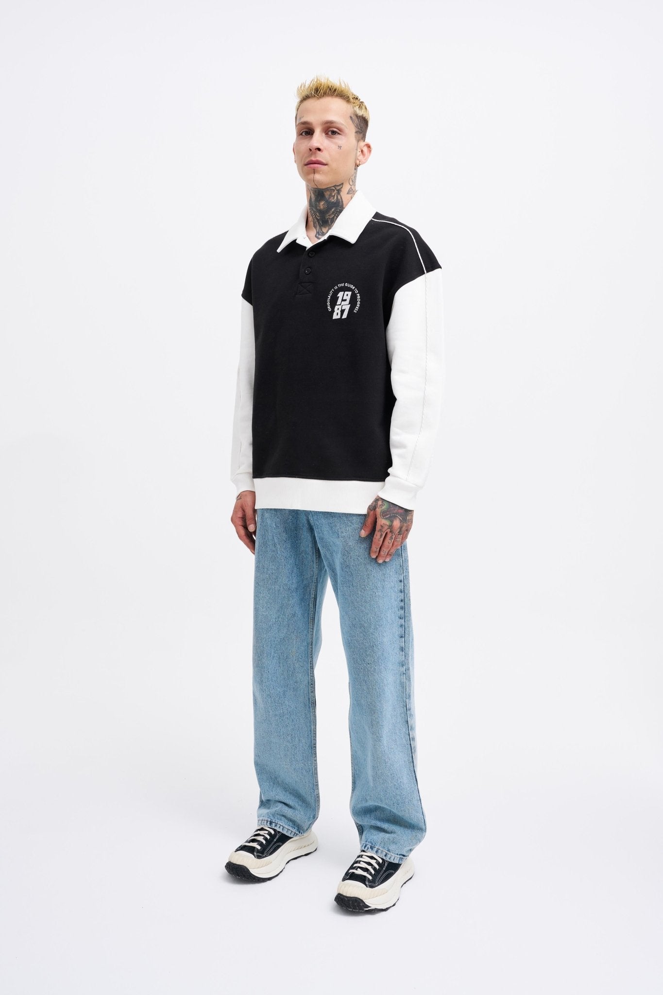 Erkek Contrast and Piped Polo Sweatshirt Siyah - Ekru
