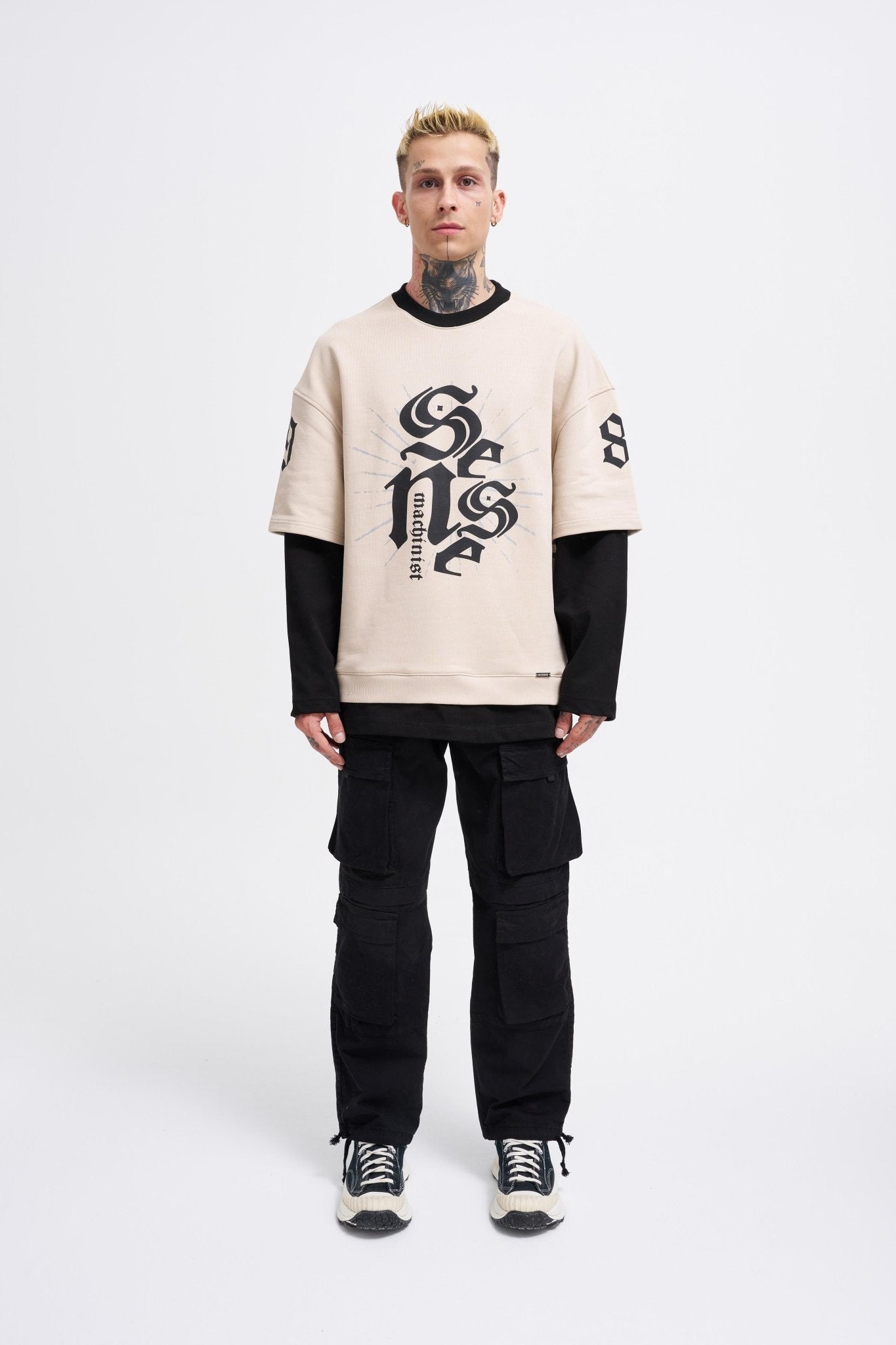 Erkek Contrast Layerd Sweatshirt Açık Bej - Siyah