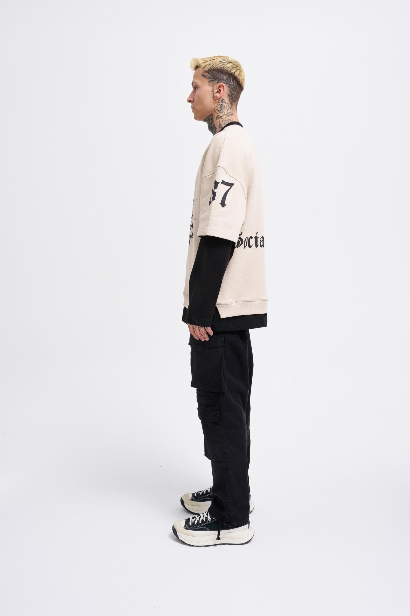 Erkek Contrast Layerd Sweatshirt Açık Bej - Siyah