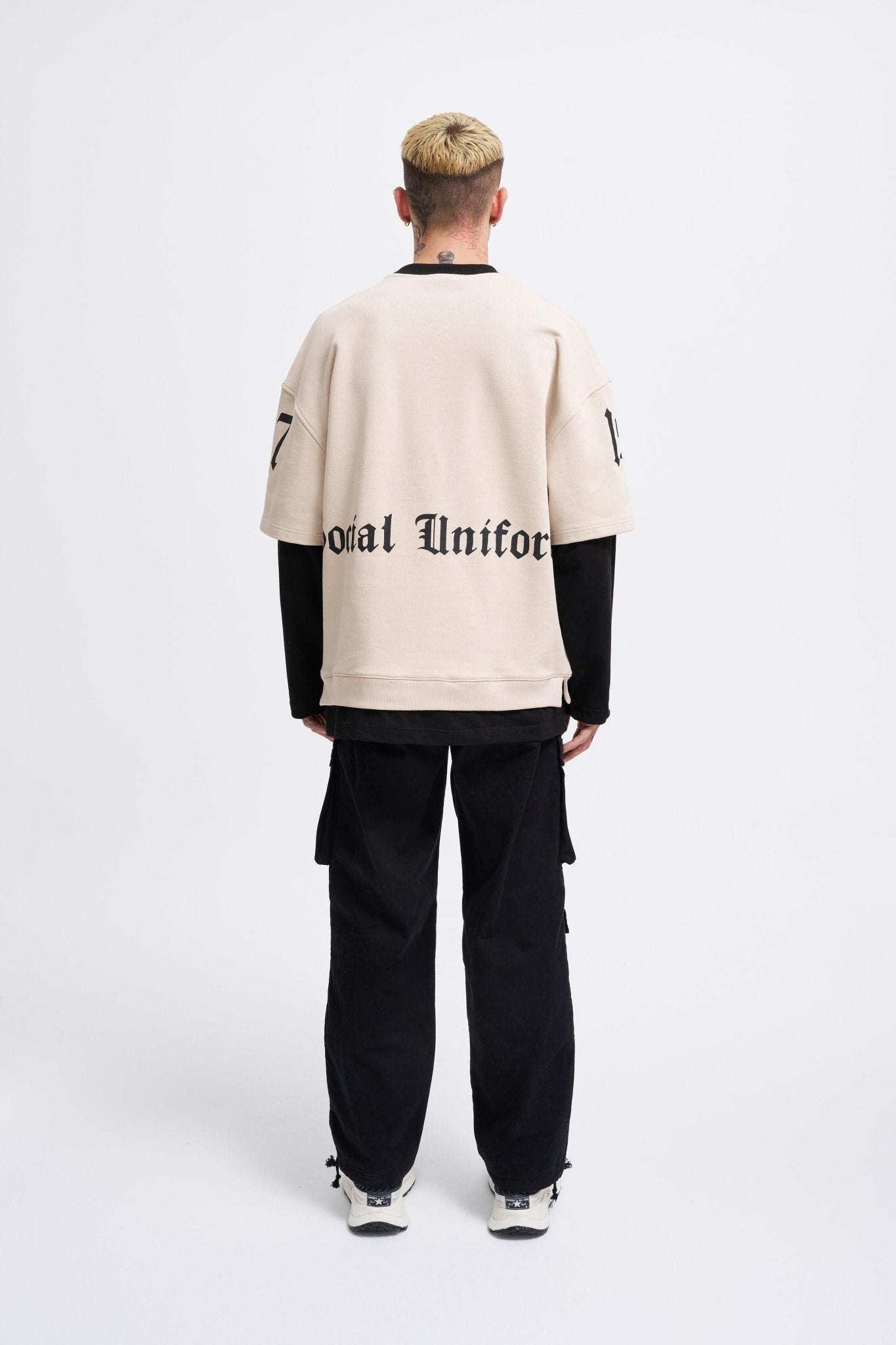 Erkek Contrast Layerd Sweatshirt Açık Bej - Siyah