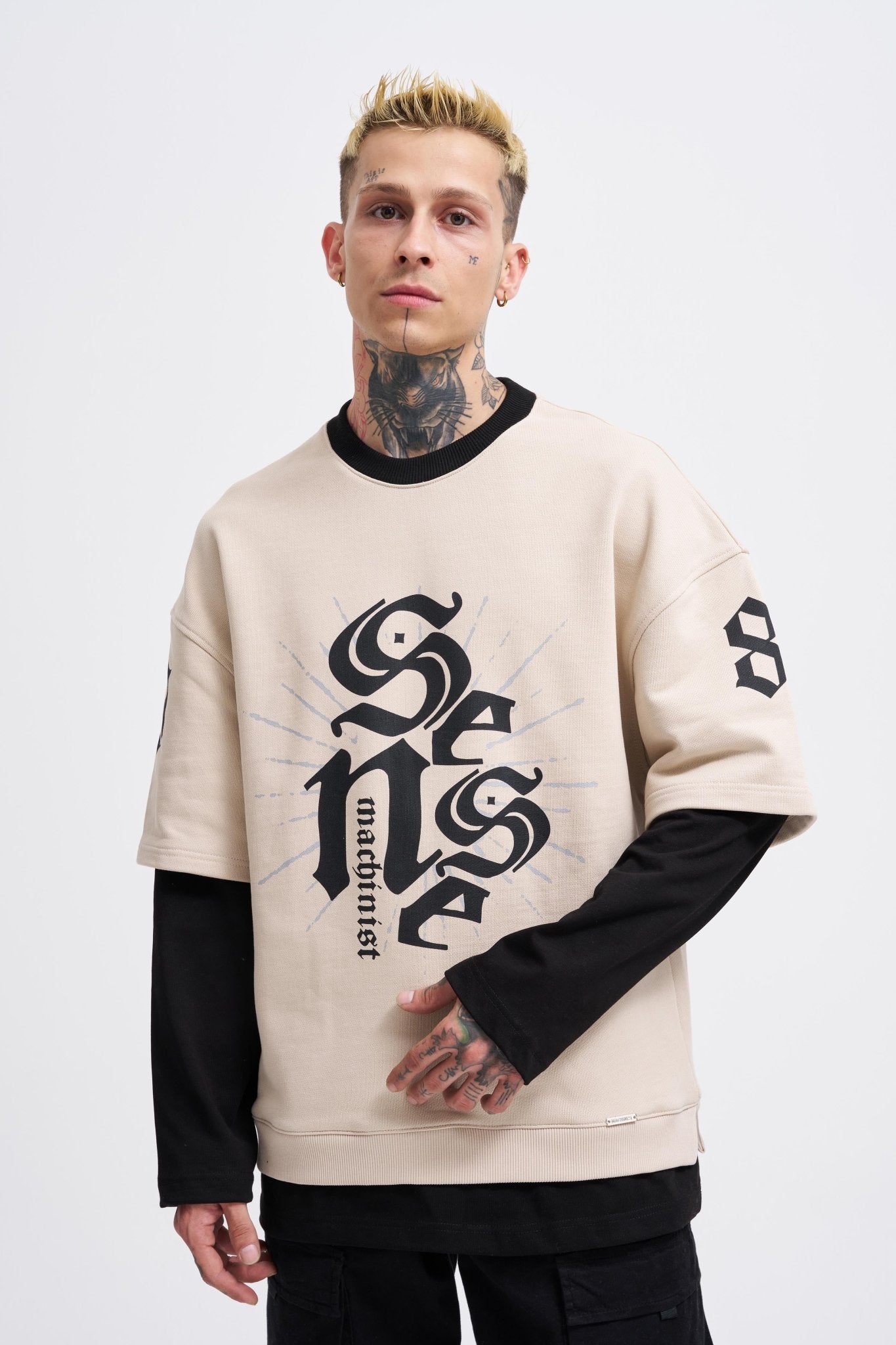 Erkek Contrast Layerd Sweatshirt Açık Bej - Siyah