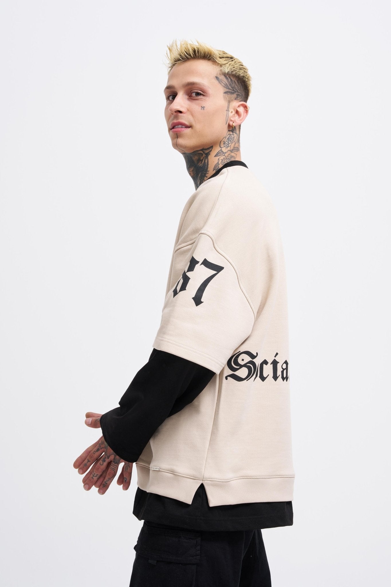 Erkek Contrast Layerd Sweatshirt Açık Bej - Siyah