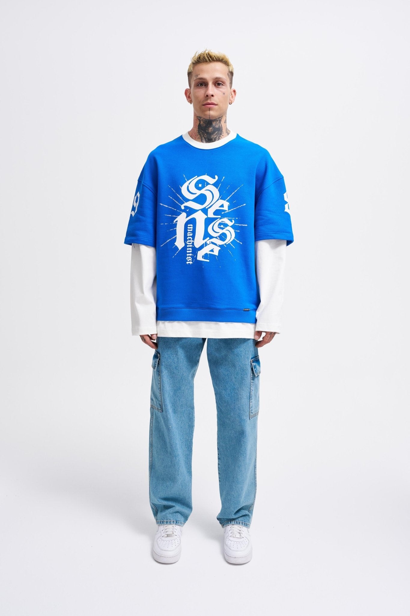 Erkek Contrast Layerd Sweatshirt Açık Mavi - Ekru