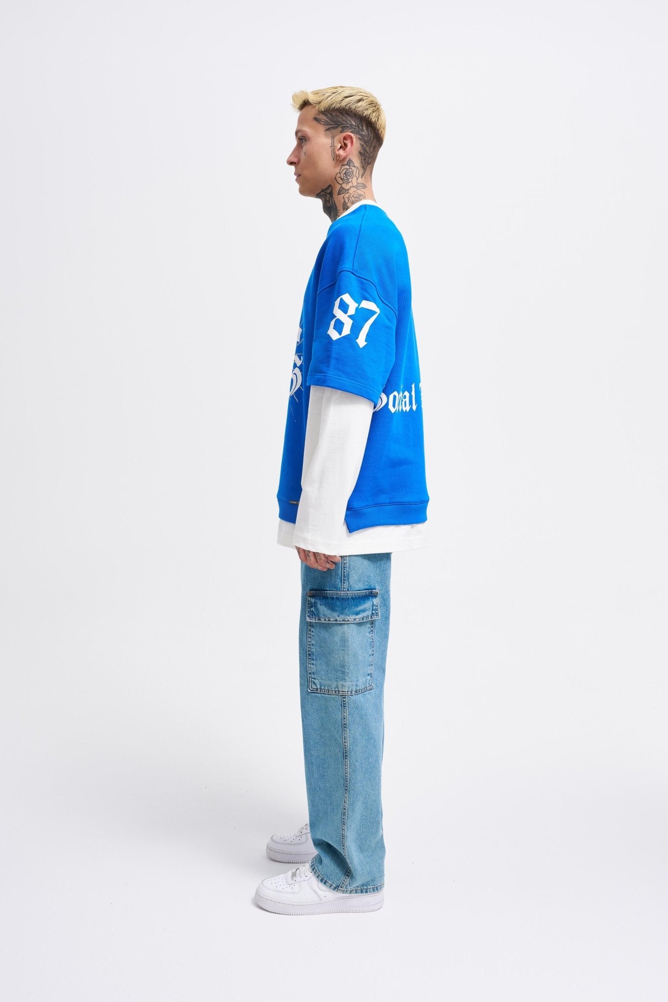 Erkek Contrast Layerd Sweatshirt Açık Mavi - Ekru