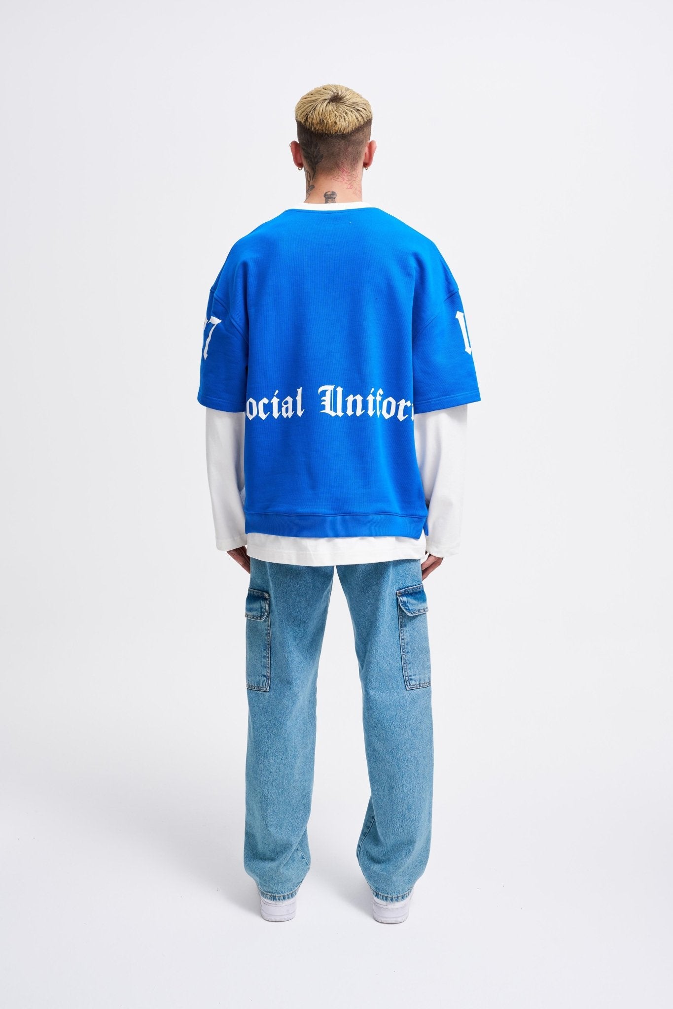 Erkek Contrast Layerd Sweatshirt Açık Mavi - Ekru
