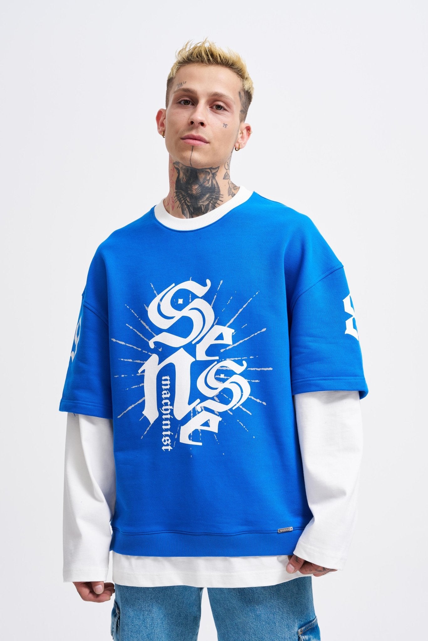 Erkek Contrast Layerd Sweatshirt Açık Mavi - Ekru