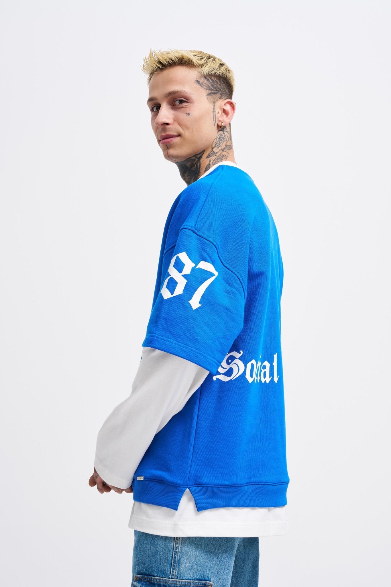 Erkek Contrast Layerd Sweatshirt Açık Mavi - Ekru