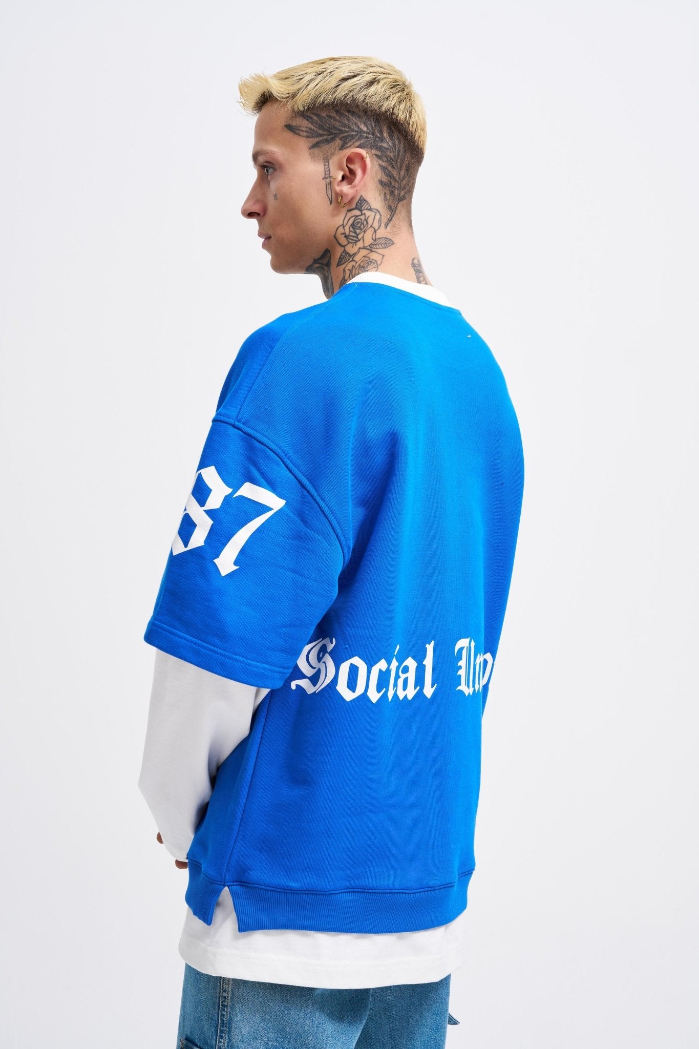 Erkek Contrast Layerd Sweatshirt Açık Mavi - Ekru