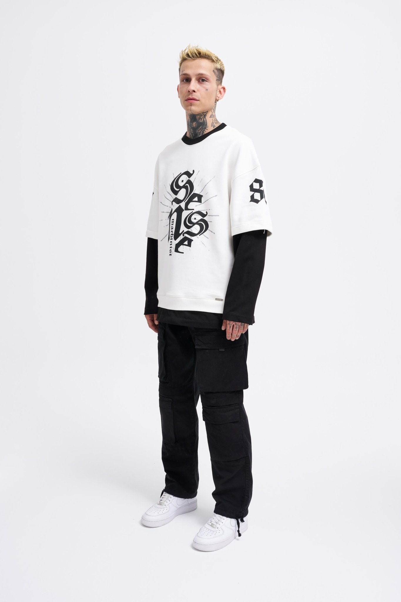Erkek Contrast Layerd Sweatshirt Ekru - Siyah