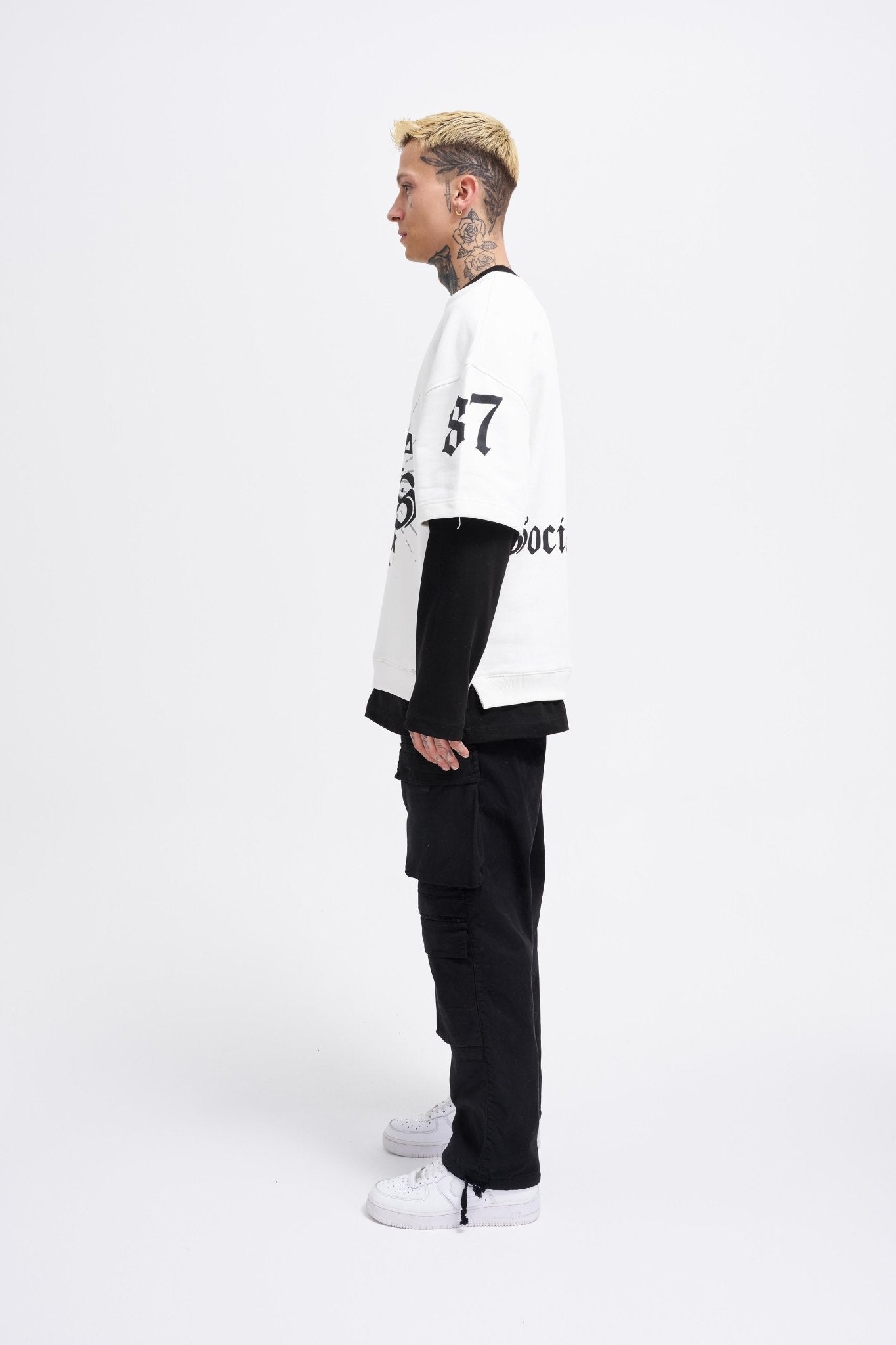 Erkek Contrast Layerd Sweatshirt Ekru - Siyah