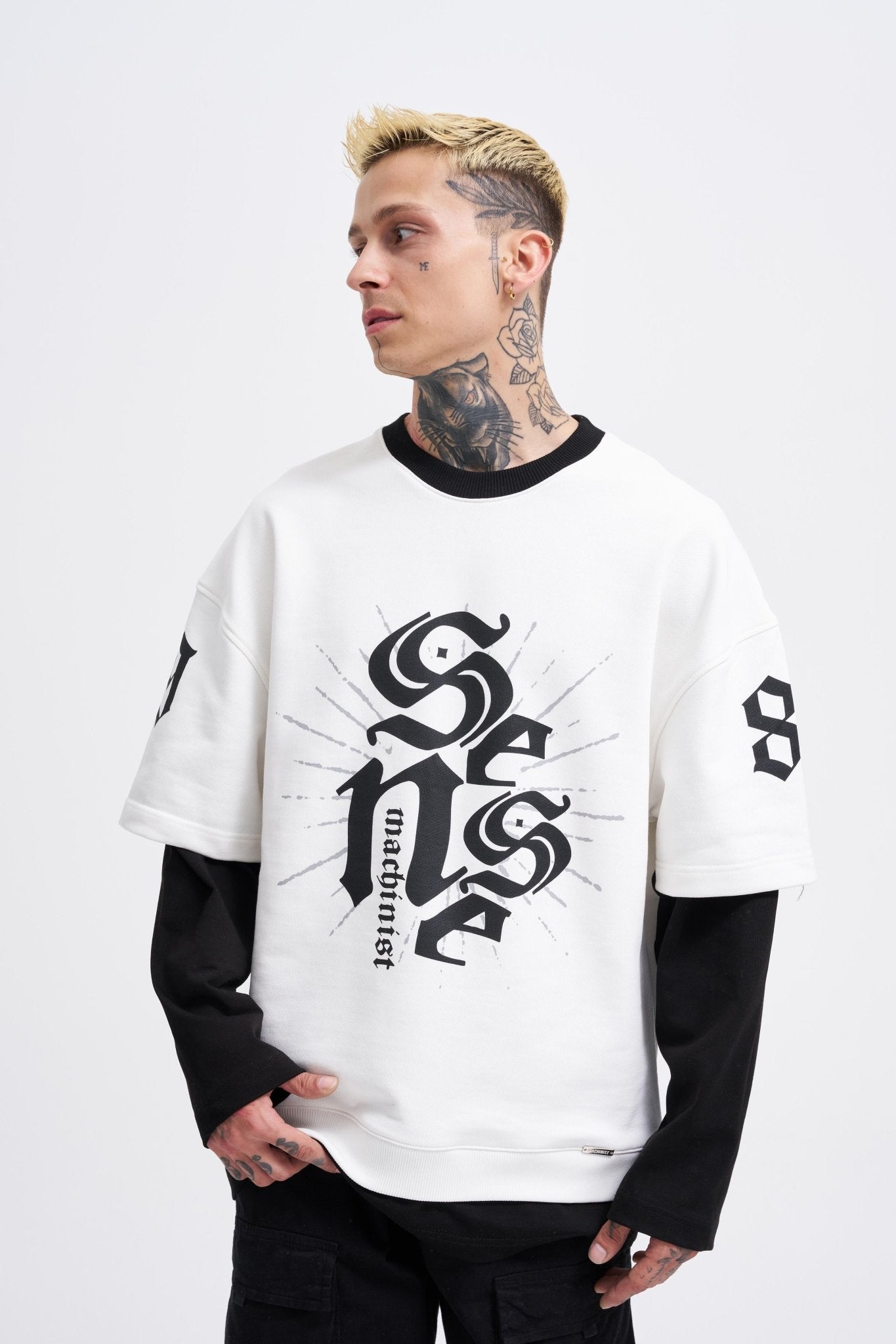 Erkek Contrast Layerd Sweatshirt Ekru - Siyah