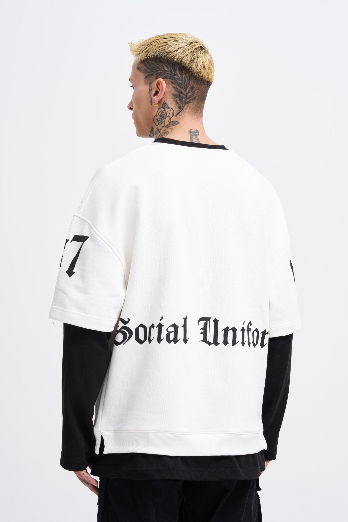 Erkek Contrast Layerd Sweatshirt Ekru - Siyah
