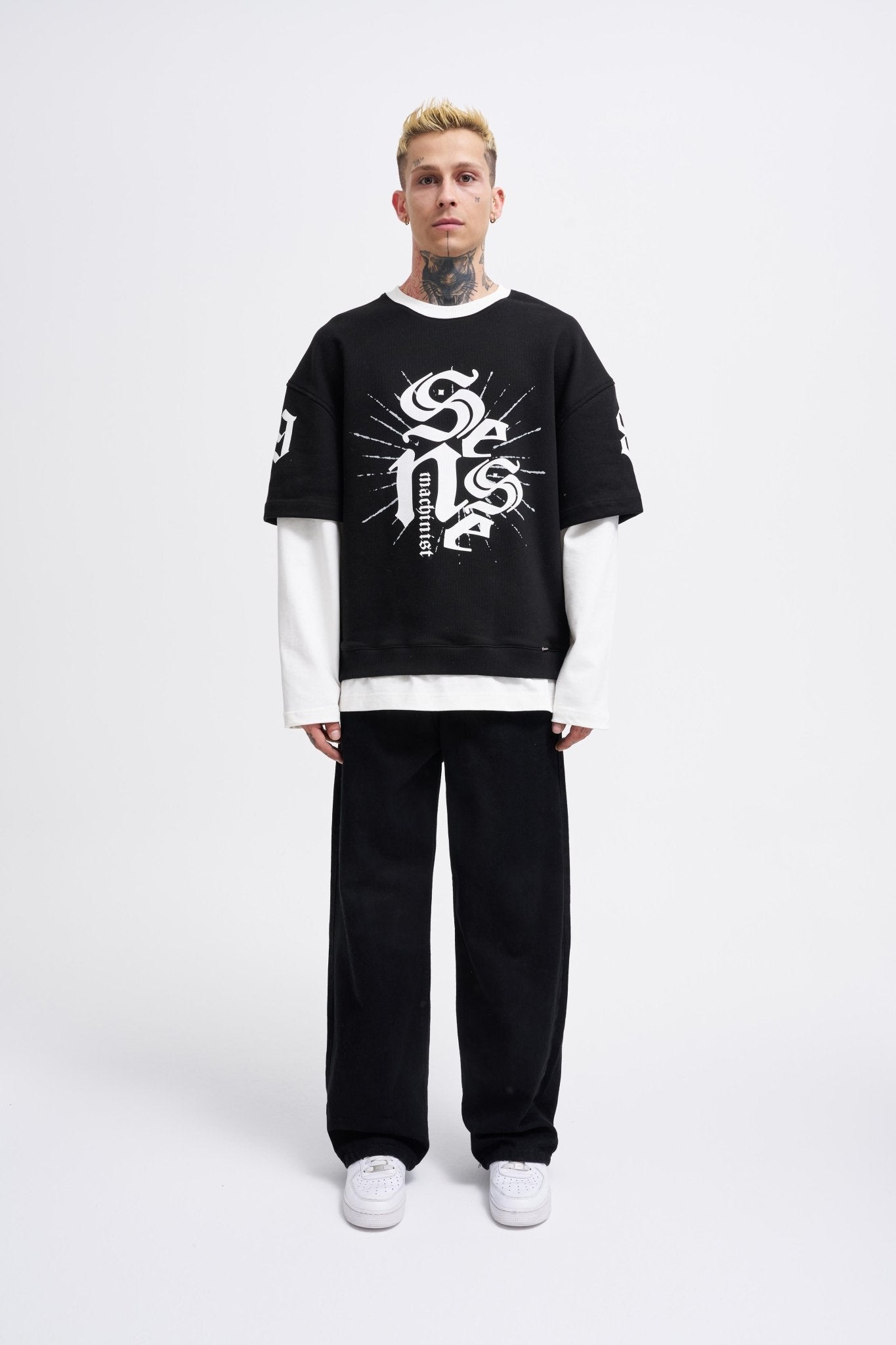 Erkek Contrast Layerd Sweatshirt Siyah - Ekru
