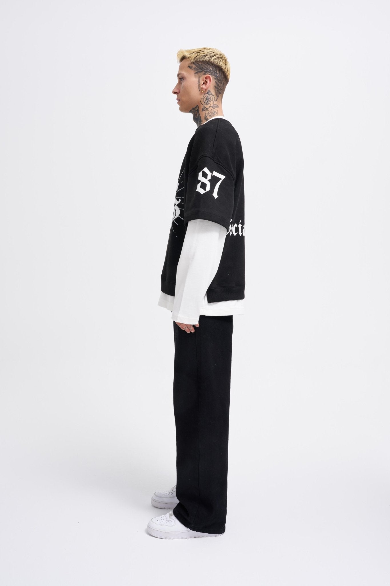 Erkek Contrast Layerd Sweatshirt Siyah - Ekru