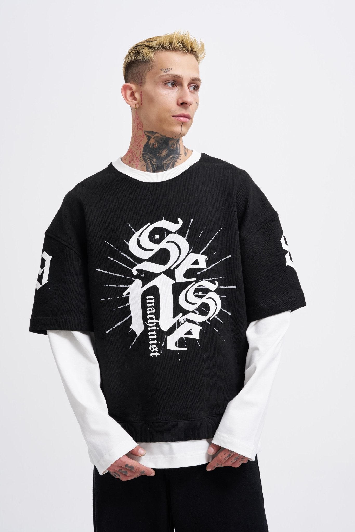 Erkek Contrast Layerd Sweatshirt Siyah - Ekru