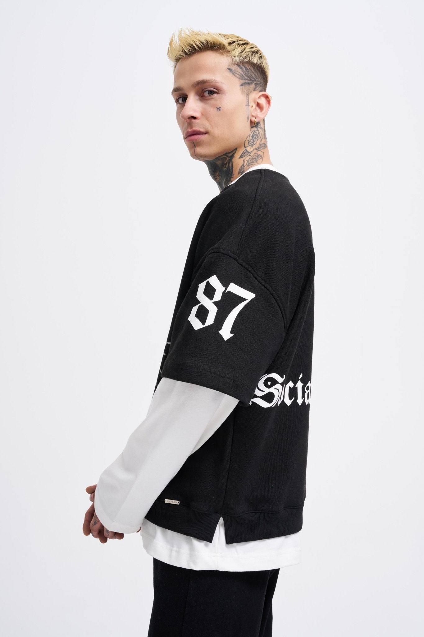 Erkek Contrast Layerd Sweatshirt Siyah - Ekru