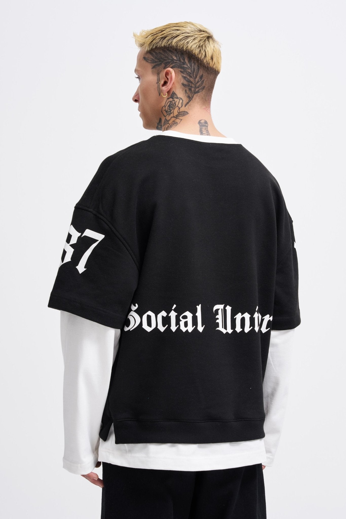 Erkek Contrast Layerd Sweatshirt Siyah - Ekru