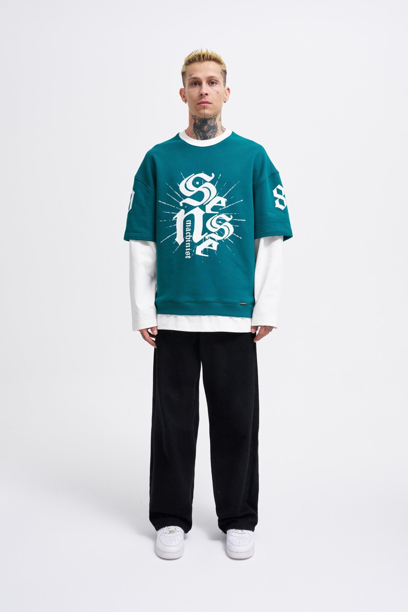 Erkek Contrast Layerd Sweatshirt Yağ Yeşili - Ekru