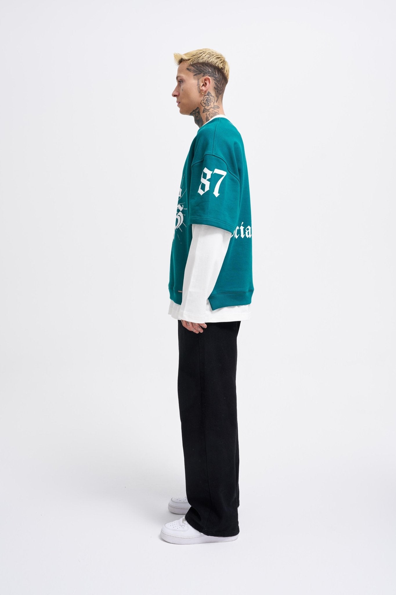 Erkek Contrast Layerd Sweatshirt Yağ Yeşili - Ekru