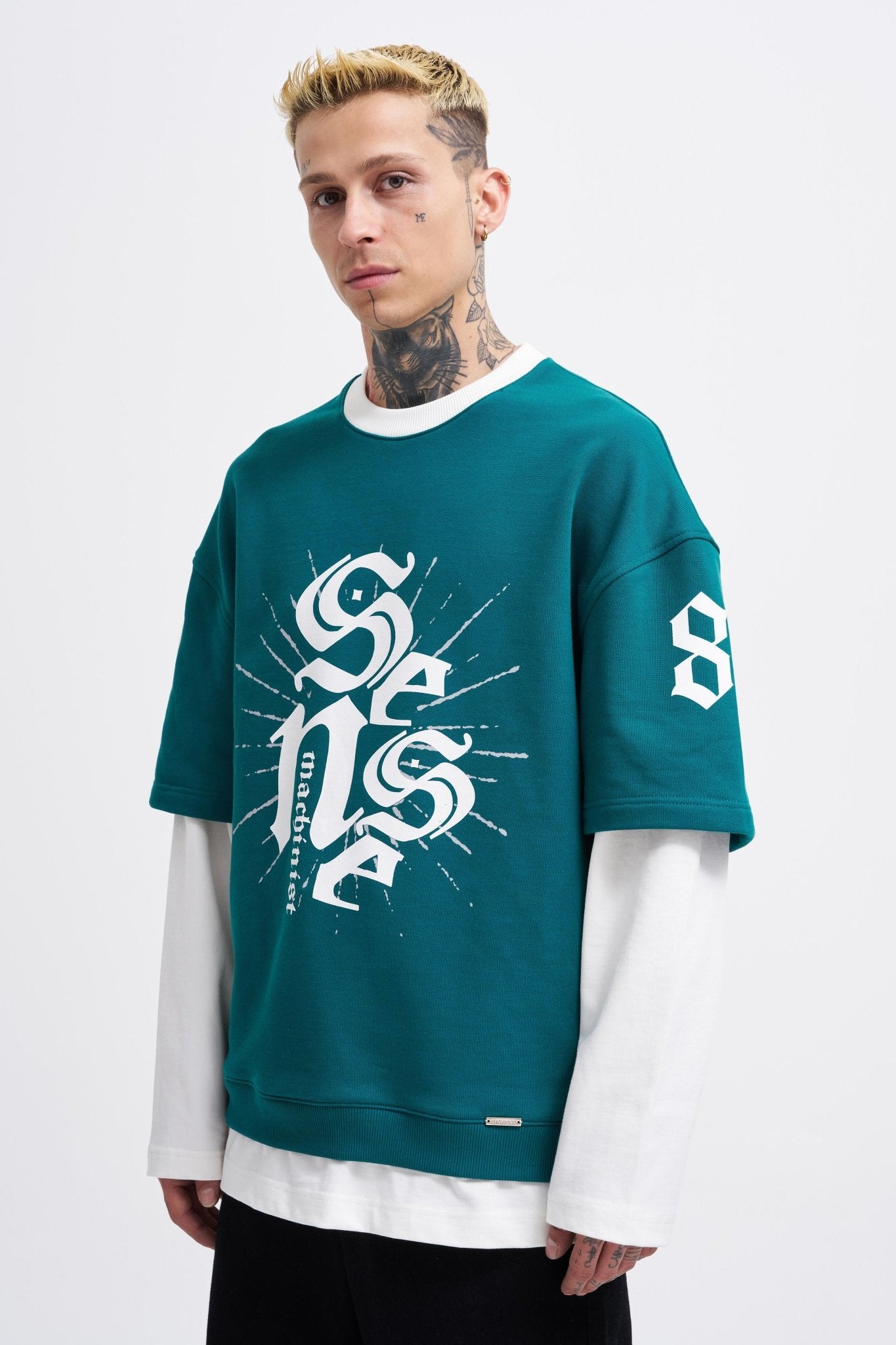 Erkek Contrast Layerd Sweatshirt Yağ Yeşili - Ekru
