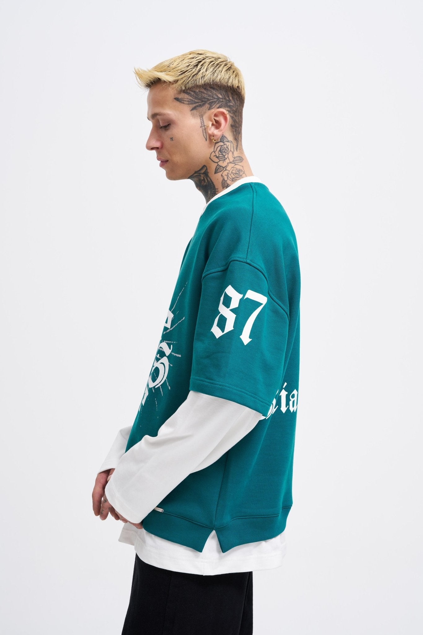 Erkek Contrast Layerd Sweatshirt Yağ Yeşili - Ekru