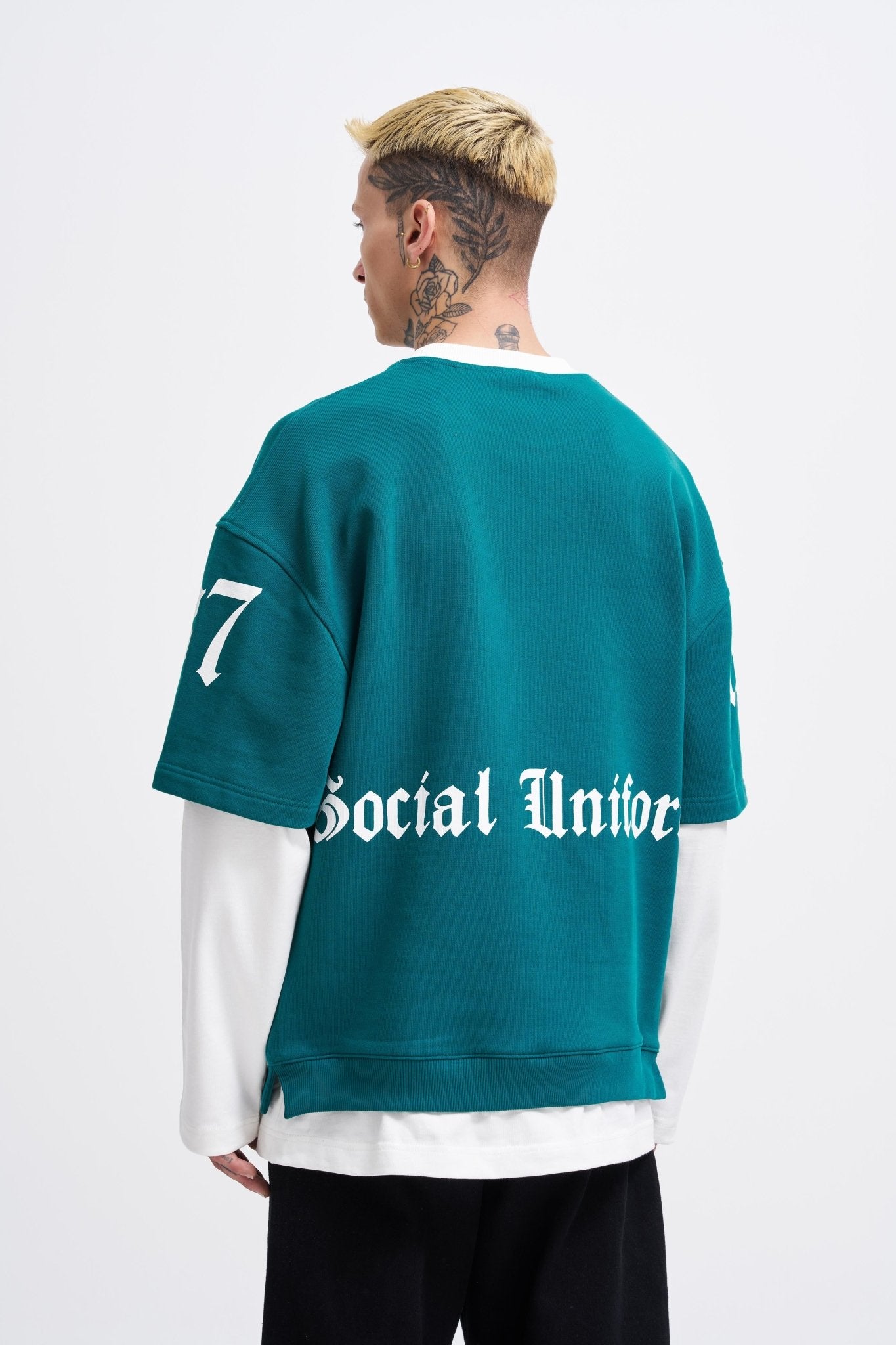 Erkek Contrast Layerd Sweatshirt Yağ Yeşili - Ekru