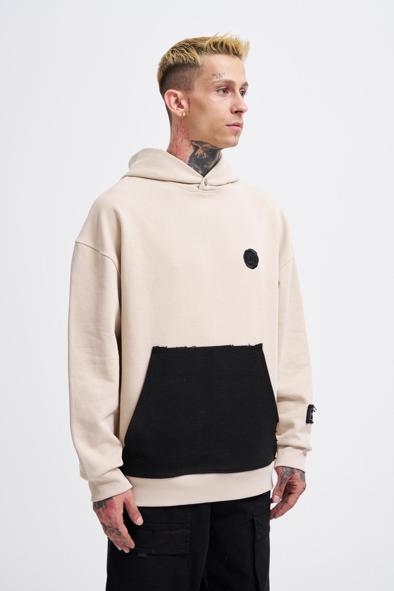 Erkek Contrast Patchwork Kapüşonlu Sweatshirt Açık Bej