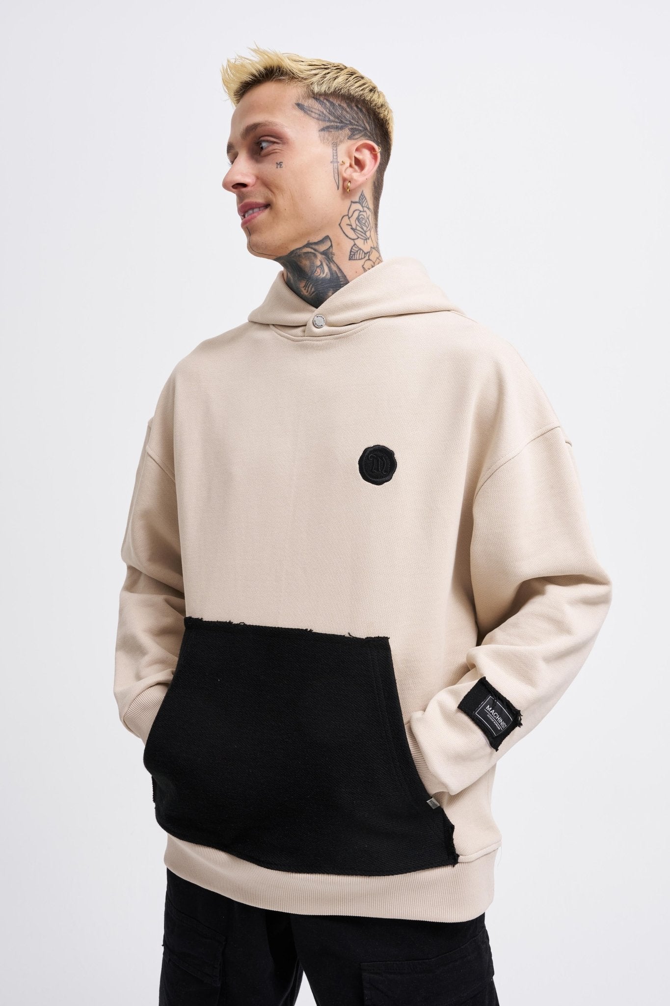 Erkek Contrast Patchwork Kapüşonlu Sweatshirt Açık Bej