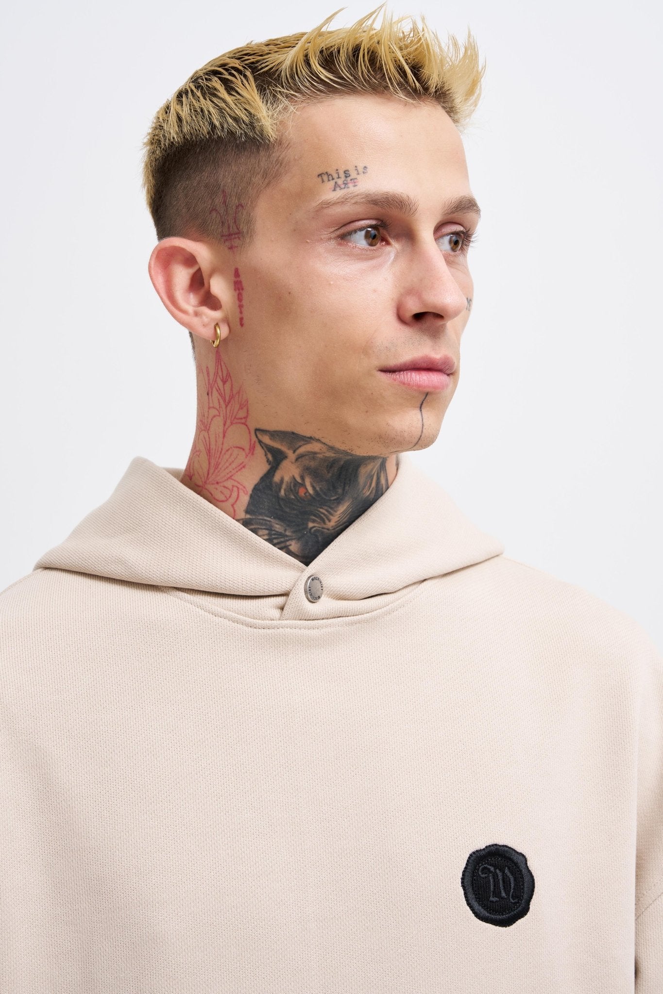 Erkek Contrast Patchwork Kapüşonlu Sweatshirt Açık Bej