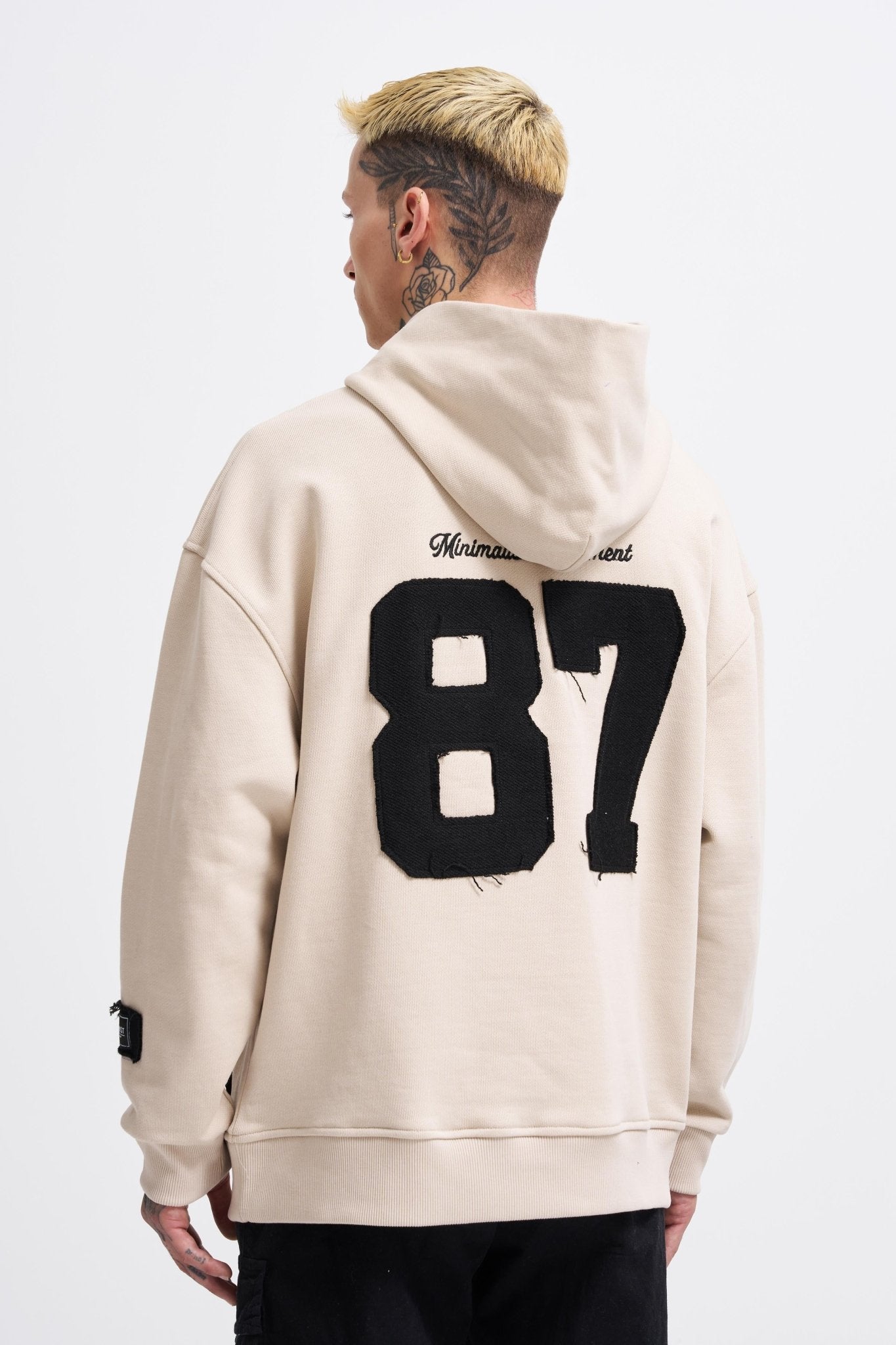 Erkek Contrast Patchwork Kapüşonlu Sweatshirt Açık Bej
