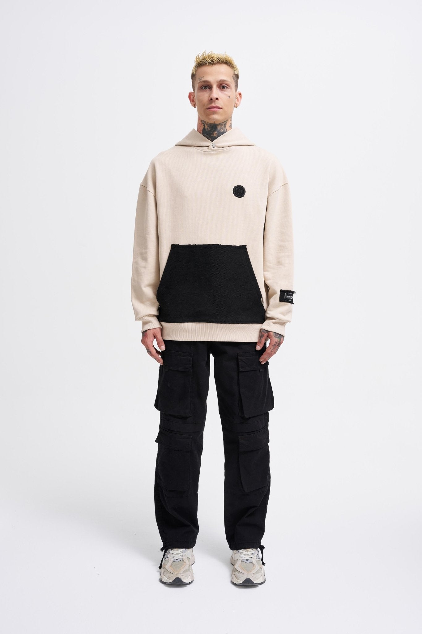 Erkek Contrast Patchwork Kapüşonlu Sweatshirt Açık Bej