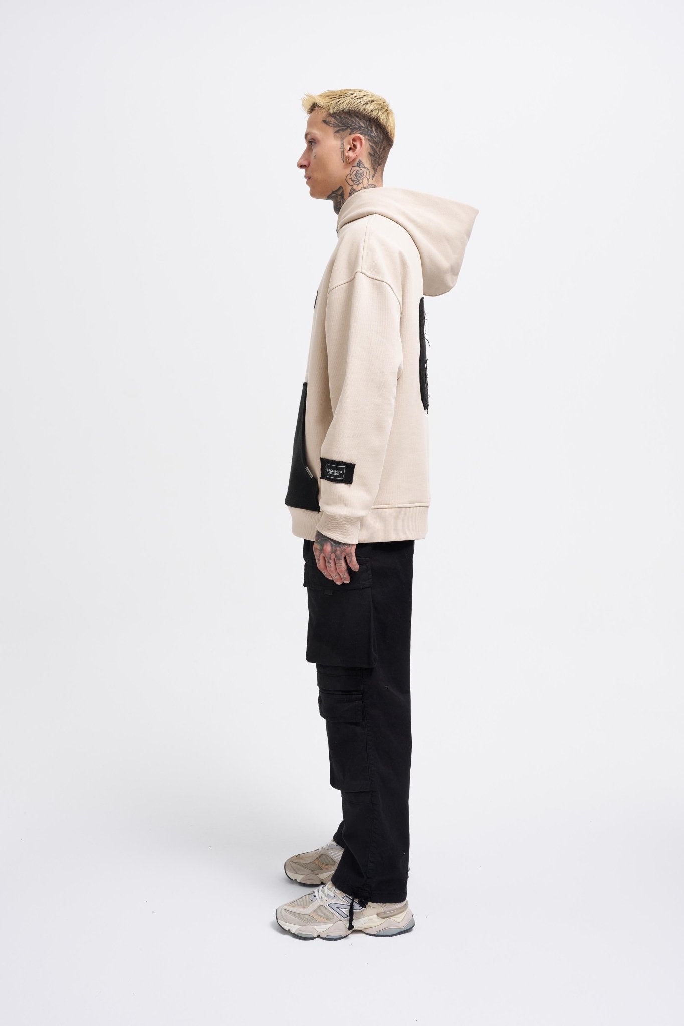 Erkek Contrast Patchwork Kapüşonlu Sweatshirt Açık Bej