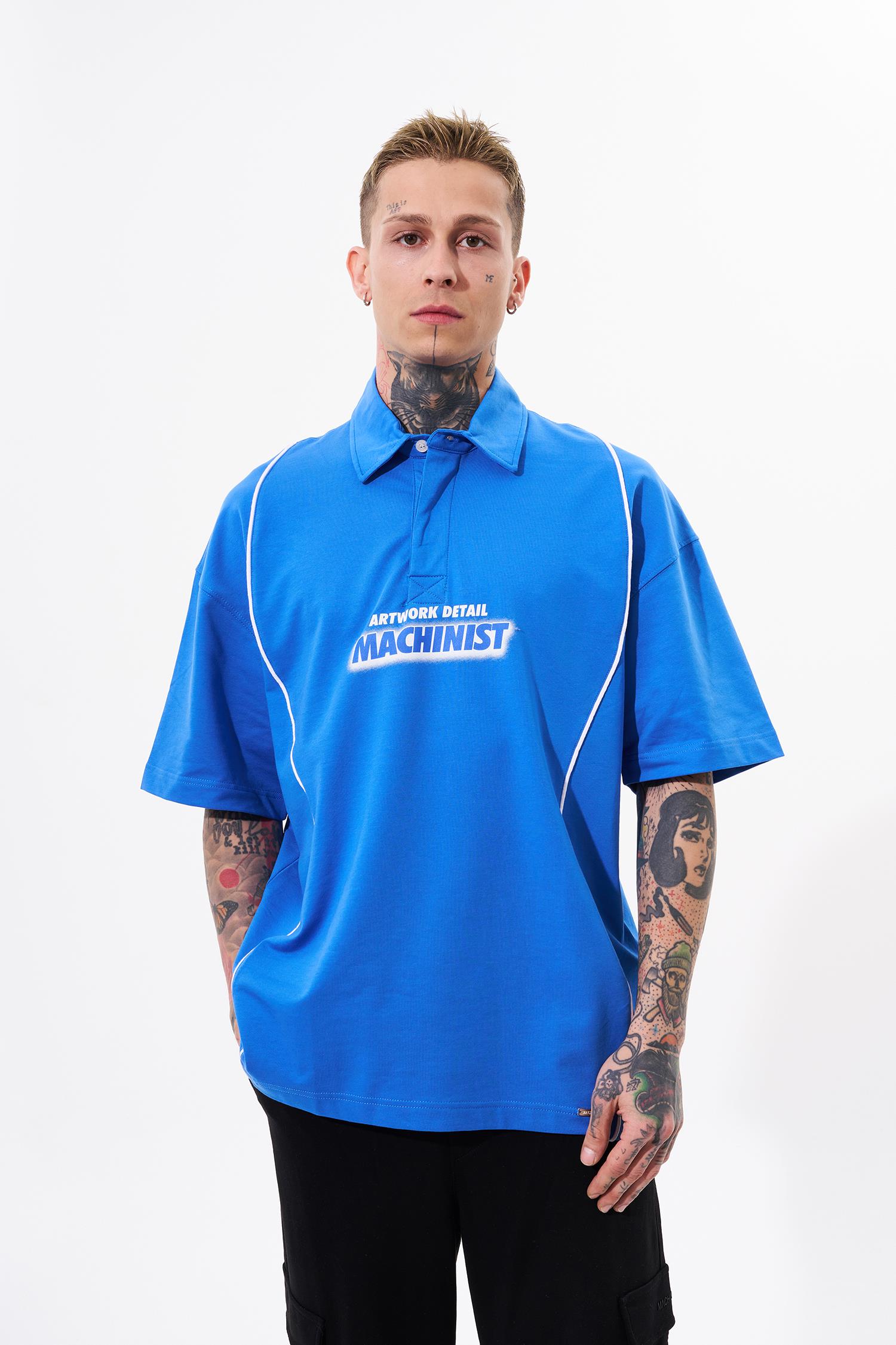 Erkek Contrast Piping Baskılı Oversize Polo Yaka Tişört Açık Mavi