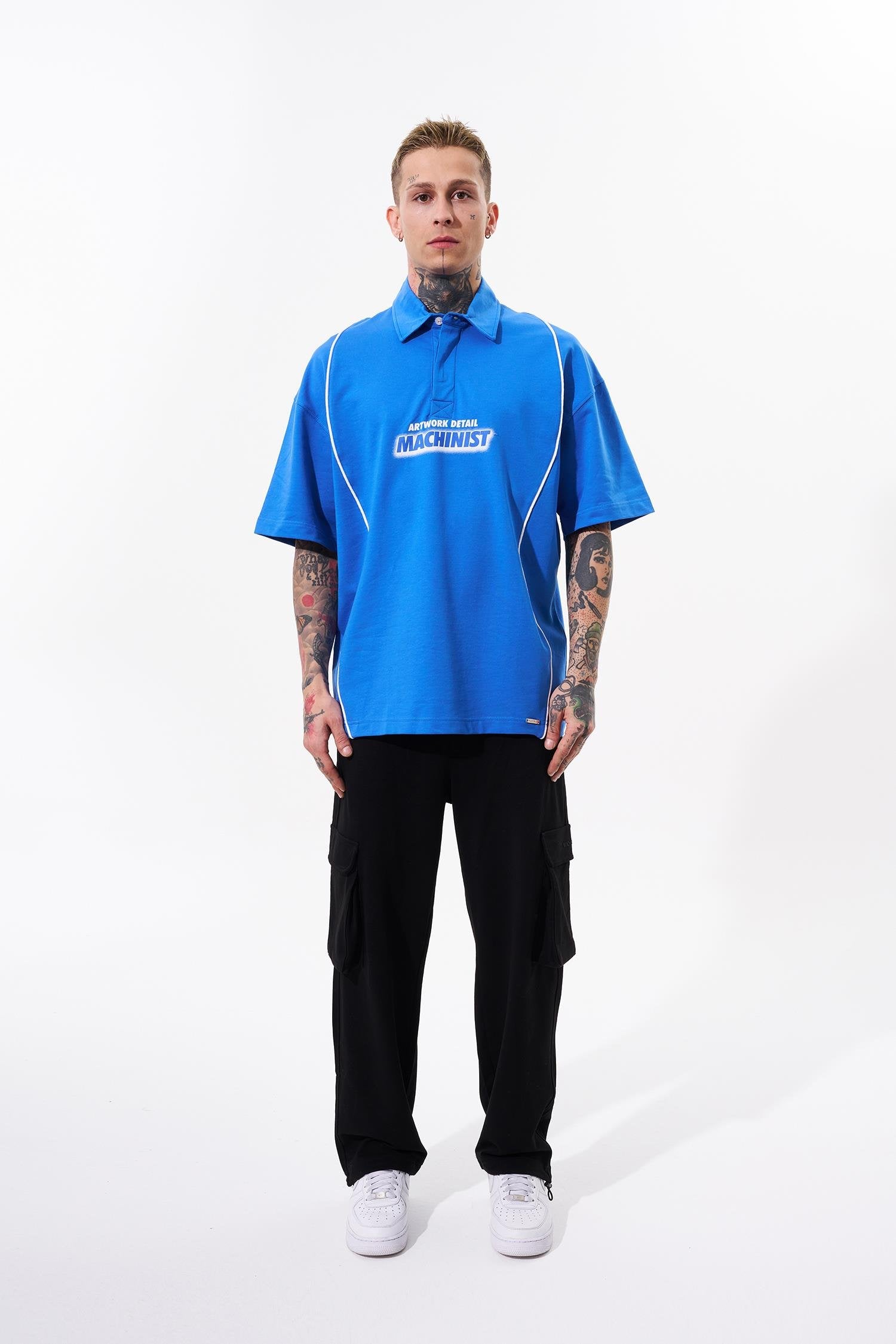 Erkek Contrast Piping Baskılı Oversize Polo Yaka Tişört Açık Mavi