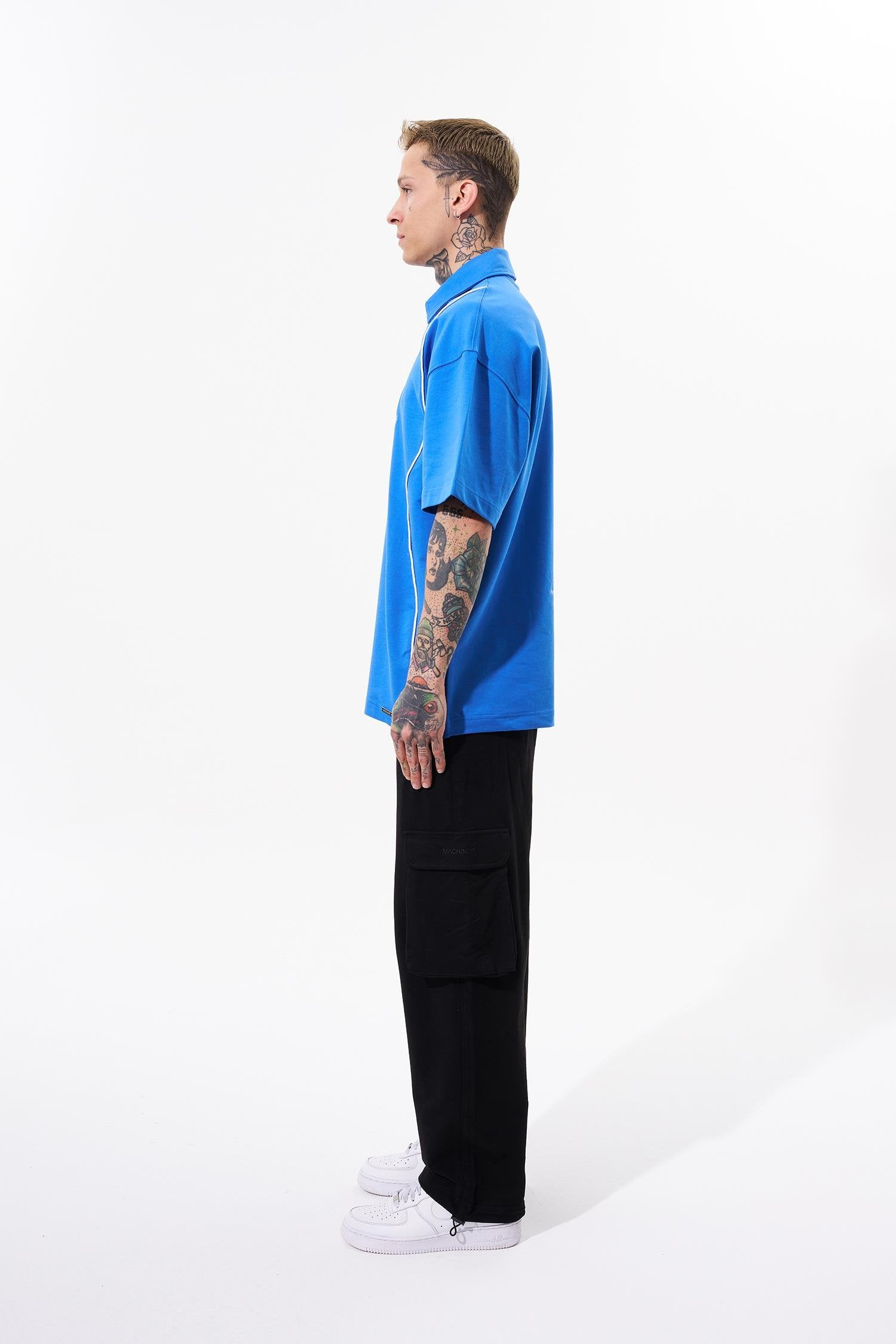 Erkek Contrast Piping Baskılı Oversize Polo Yaka Tişört Açık Mavi