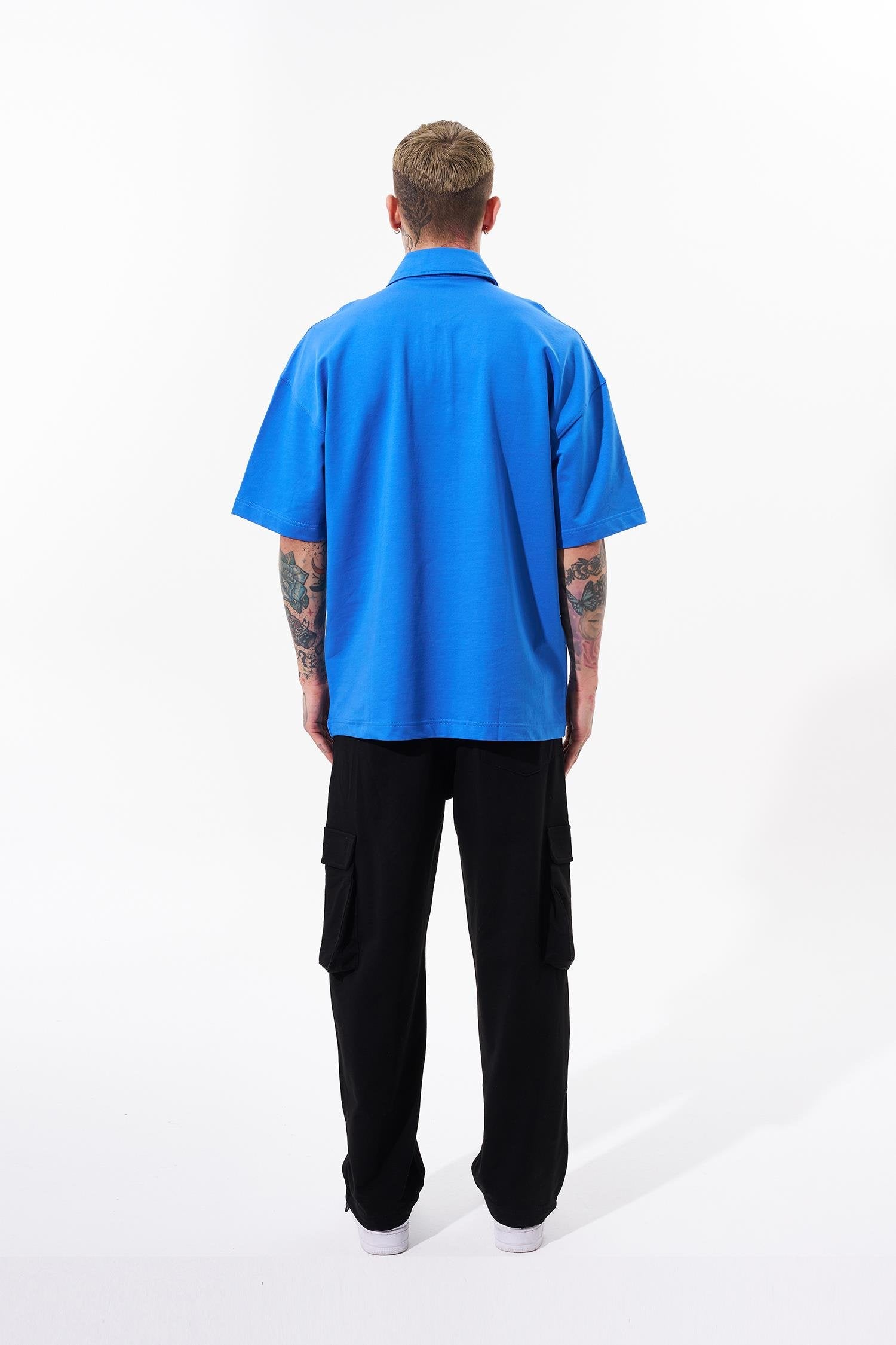 Erkek Contrast Piping Baskılı Oversize Polo Yaka Tişört Açık Mavi