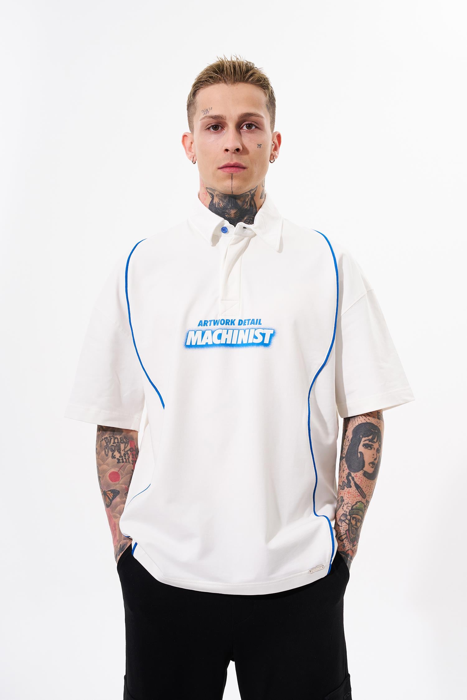 Erkek Contrast Piping Baskılı Oversize Polo Yaka Tişört Ekru